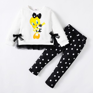 Roupas Para Meninas 1-6 Anos Bonitas Manga Longa Pato Camiseta Impressão Polka Dots Pants 2PCS Fashion Children Girl Outfit