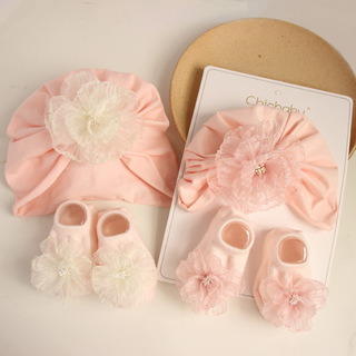 2Pcs Baby Girls Flower Caps Set Meias De Bebê Conjunto De Floral Fofo Recém-Nascido Tubo Curto Sock + Chapéu Turban Summer Thin Infant Indian