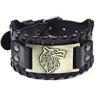 Moda Masculina Vintage Nórdico Viking Wolf Pattern Pulseira De Couro Acessórios
