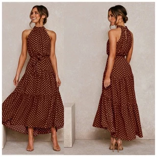 2022 Boho Verão Polka Dot Print Cotton Maxi Vestido Longo Feminino Halter