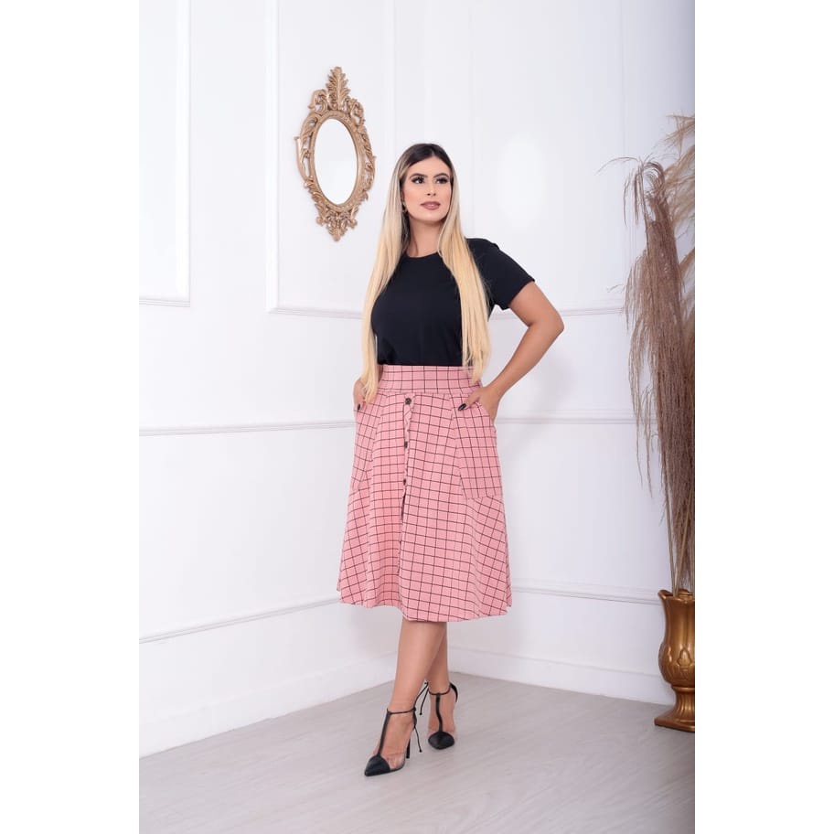 Saia Plus Size Midi Rodada Moda Modesta Acinturada Elegante