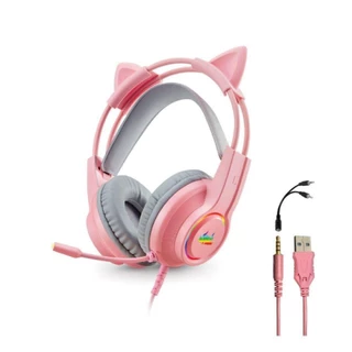 Fone De Ouvido Headset Gamer Gatinho Kp-ga04 Com Fio e Microfone RGB ROSA
