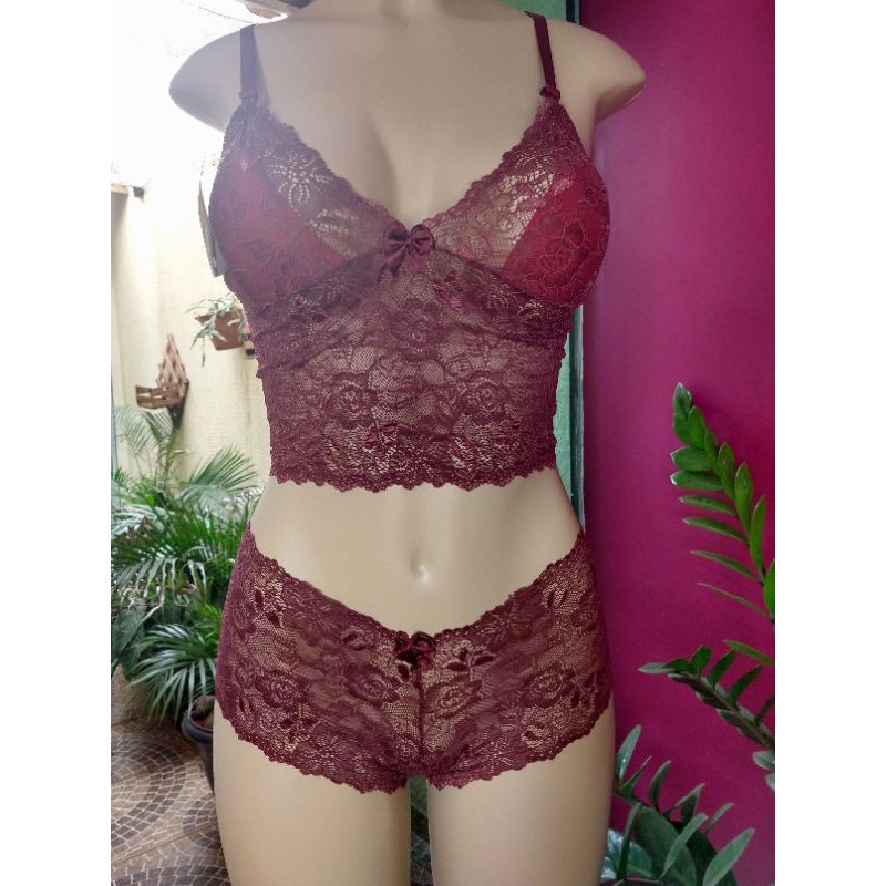 Conjunto lingerie de renda M - Vermelho Bordô