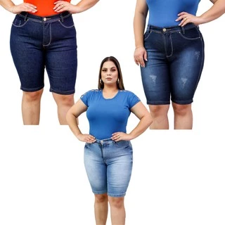 Kit 3 Bermuda Jeans Feminina Cintura Alta Plus Size Lycra