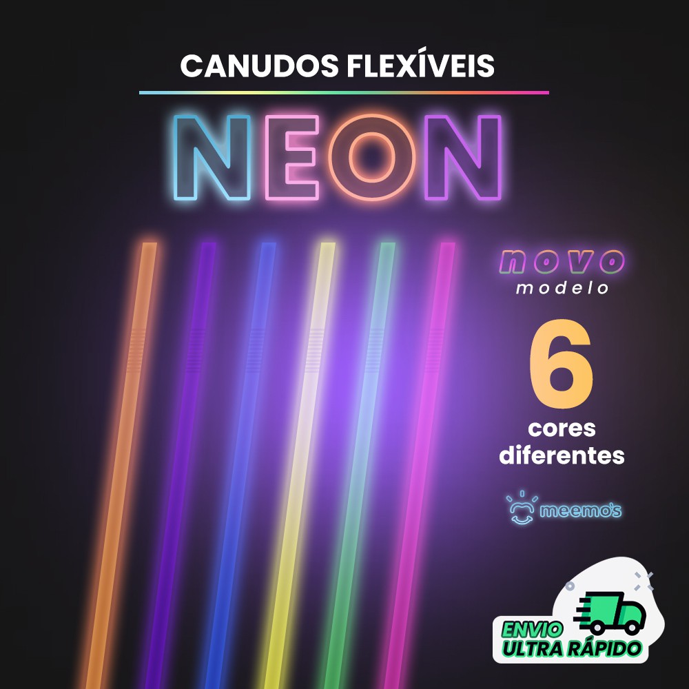 Canudos Flexíveis Neon - Brilha na luz negra - 50/100/150un