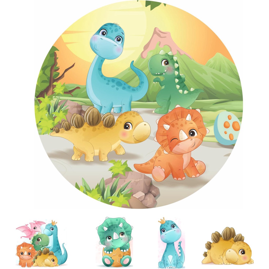 Painel Dinossauro Baby Cute Redondo medindo 1,00x1,00 - Lona