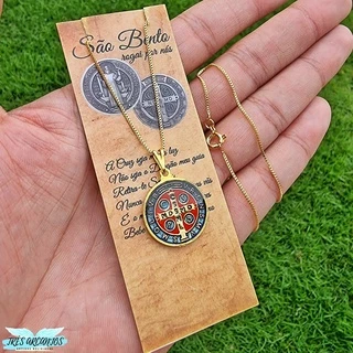 Corrente Folheada Com Medalha e Imagem Do São Bento Unissex Colar Folheado