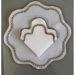 Jogo Americano Bordado Sousplat Decorativo 12 Peças Branco com Beg Mesa Posta