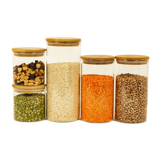 Kit 5 Potes De Vidro Com Tampa Bambu 1650/1100/500ml
