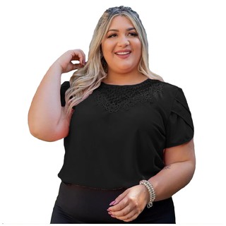 Blusa Plus Size com Recorte e Manga Pétala em Crepe Best Size - E