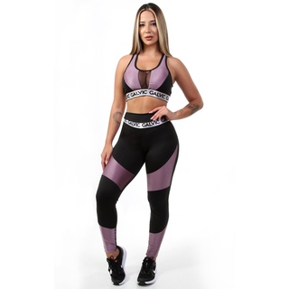 Conjunto Fitness Top Transpasse Costas e Calça Legging Preto e Rosa Neon