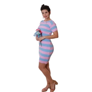 Vestido Trico Canelado Azul e Rosa Justinho Para Gestantes Chá Revelação