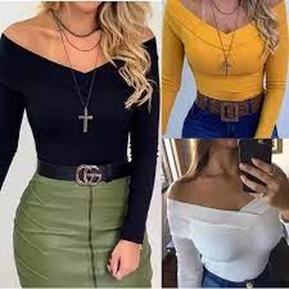Blusa canelada Ombro a Ombro manga longa moda blogueira