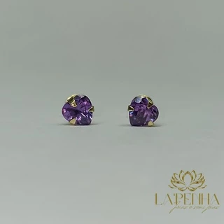Brinco de Pedra Zircônia de Coração 4mm Roxo em Ouro 18k (COLEÇÃO COLORIDOS)
