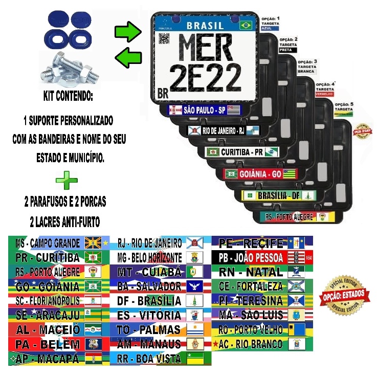 Suporte Protetor Placa Mercosul Personalizado Cidade Estado MOTO Parafusos e Lacres Antifurto Parlok