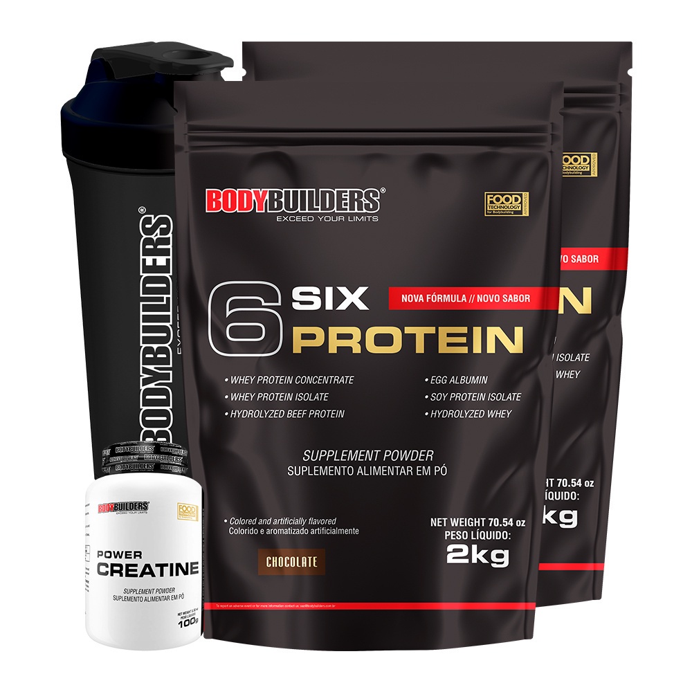 Kit 2x Whey Protein Concentrado 6 Six Protein 2kg + Power Creatina 100g + Coqueteleira – Ganho de Massa Muscular Magra e Força Muscular – Bodybuilders