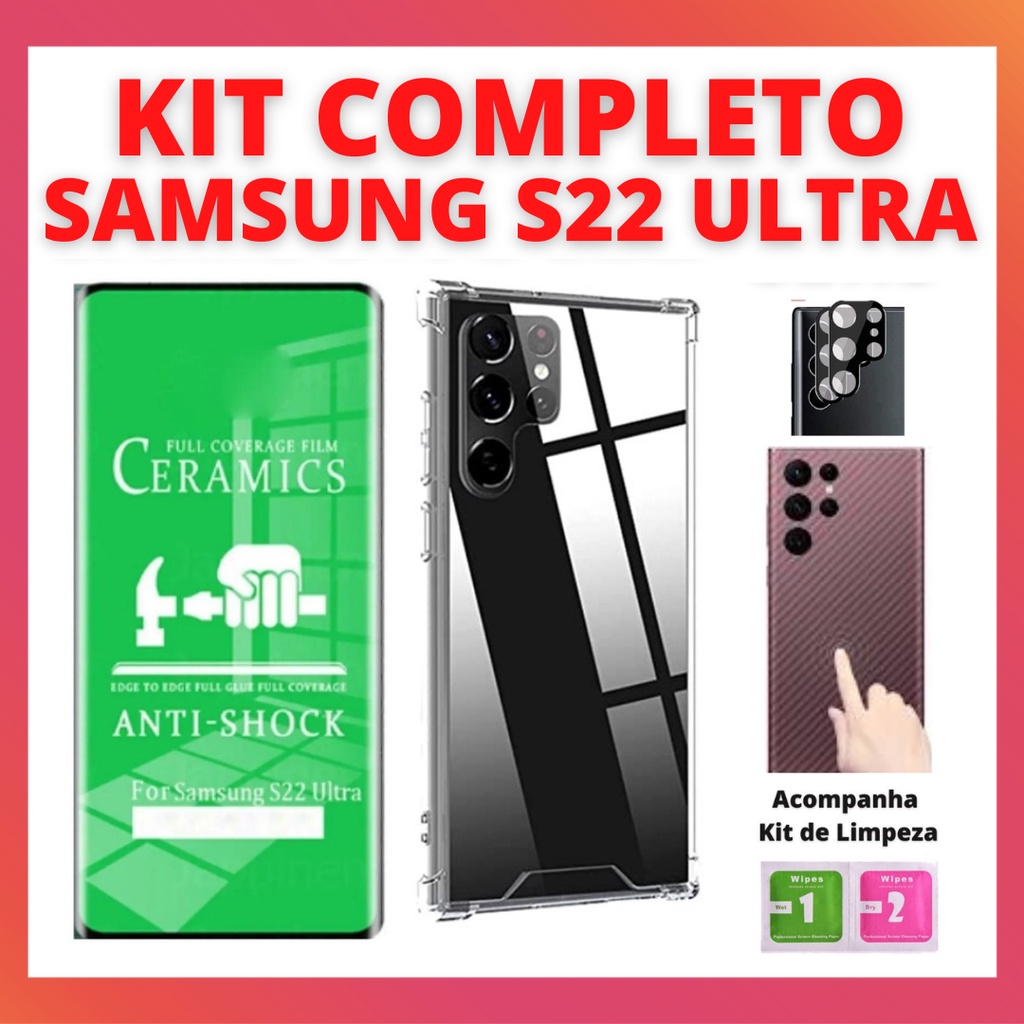 Kit Completo Samsung S22 Ultra _ Película de Cerâmica + Carbono + Camera +  Capa Proteção