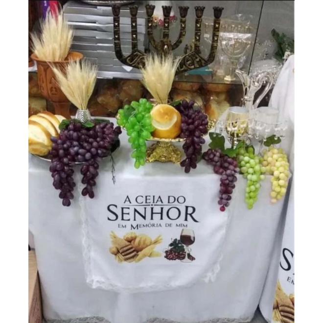 Kit Decoracao P/ Santa Ceia Toalhas Uvas Paes Tacas E Trigo