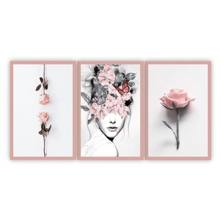 Quadros Decorativos Para Sala Flores Rosas Mulher 3 Peças 60x120 cm