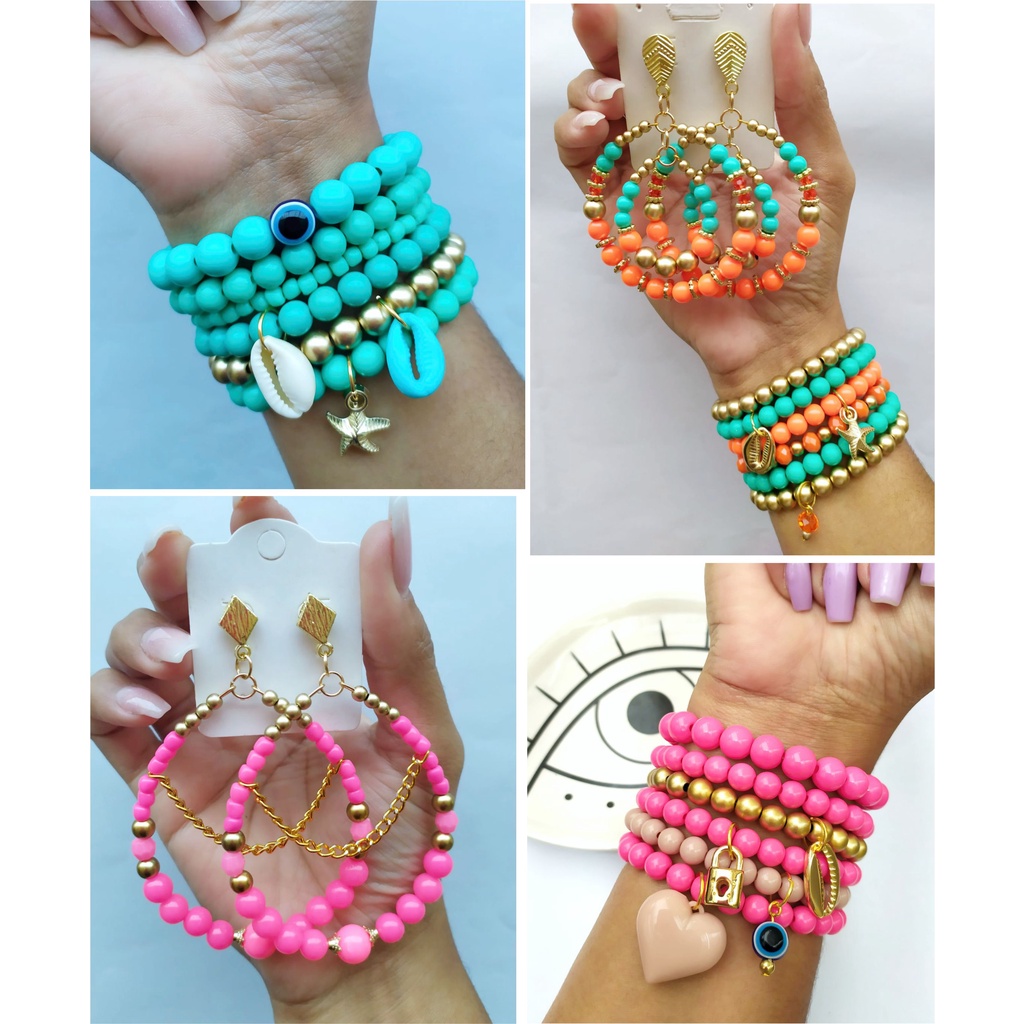 Pulseiras E Brincos Kit 4 Peças Bijuteria Atacado Turquesa e Laranja ...