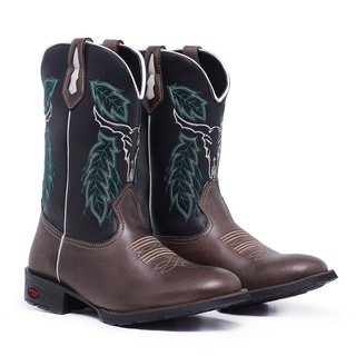 Texana Bico Redondo Masculina Bota Country Butina Cano Alto Bordado Touro LongHorn Pecuaria Vaquejada