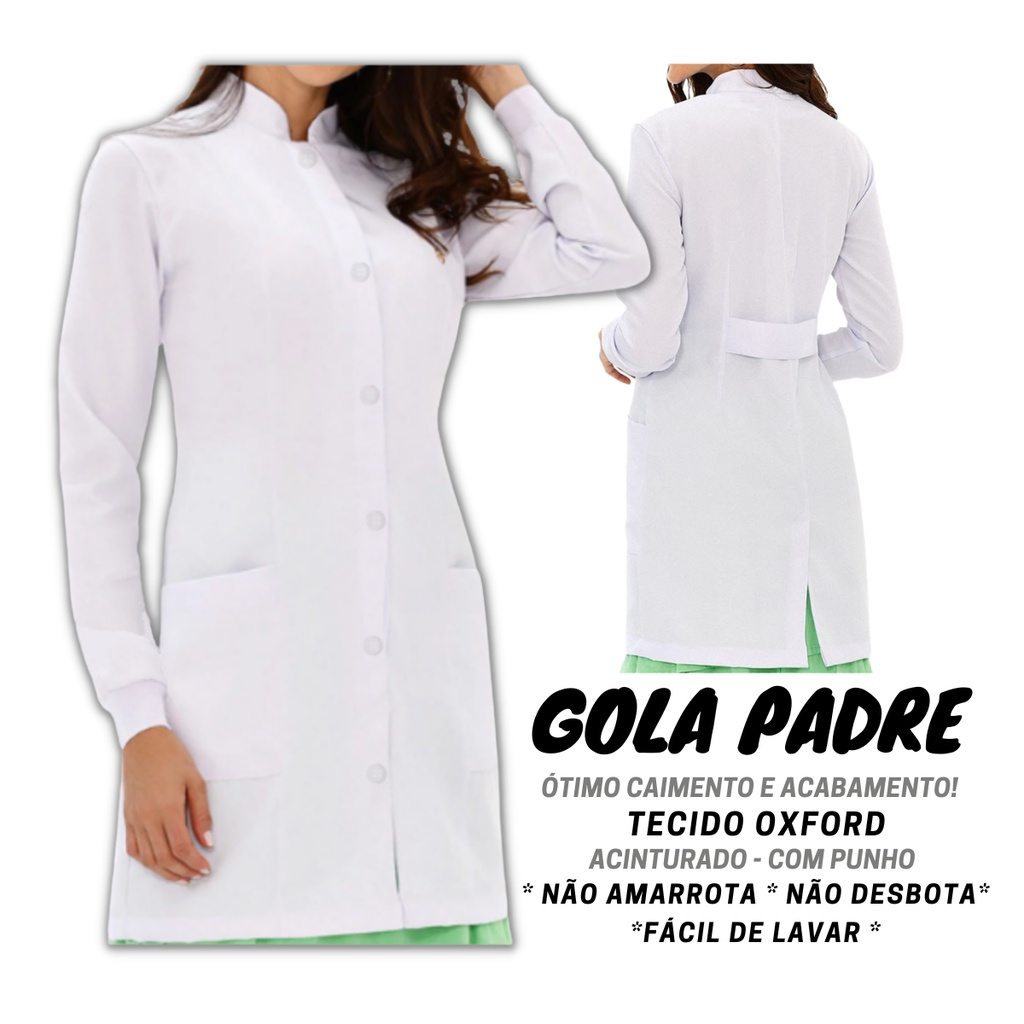 Jaleco Feminino Acinturado GOLA PADRE Manga Longa Com Punho Oxford ...