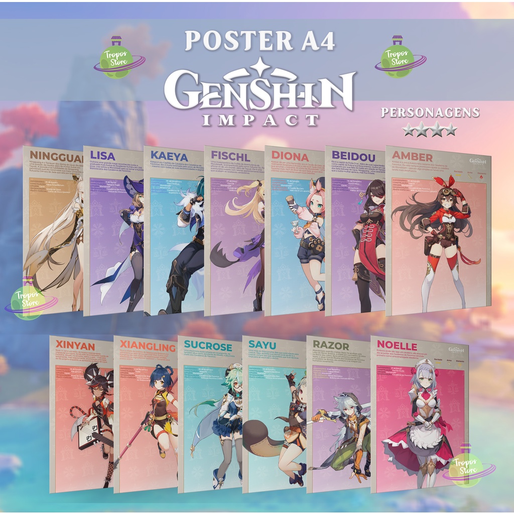 Poster Genshin Impact Personagens 5 Estrelas