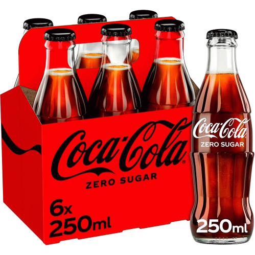 Refrigerante 6 Coca Cola Zero garrafa de vidro 250ml