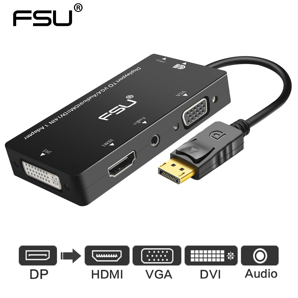 FSU 4 Em 1 Displayport DP Macho Para DVI HDMI VGA Adaptador De Áudio Fêmea Cabo Projetor De Computador Monitor De TV Portátil