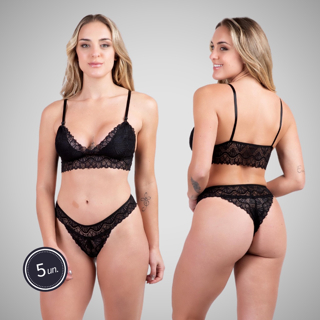 Kit 5 Sutiã E Calcinha Rendado Para Lua De Mel Lingerie Sexy Alice 301
