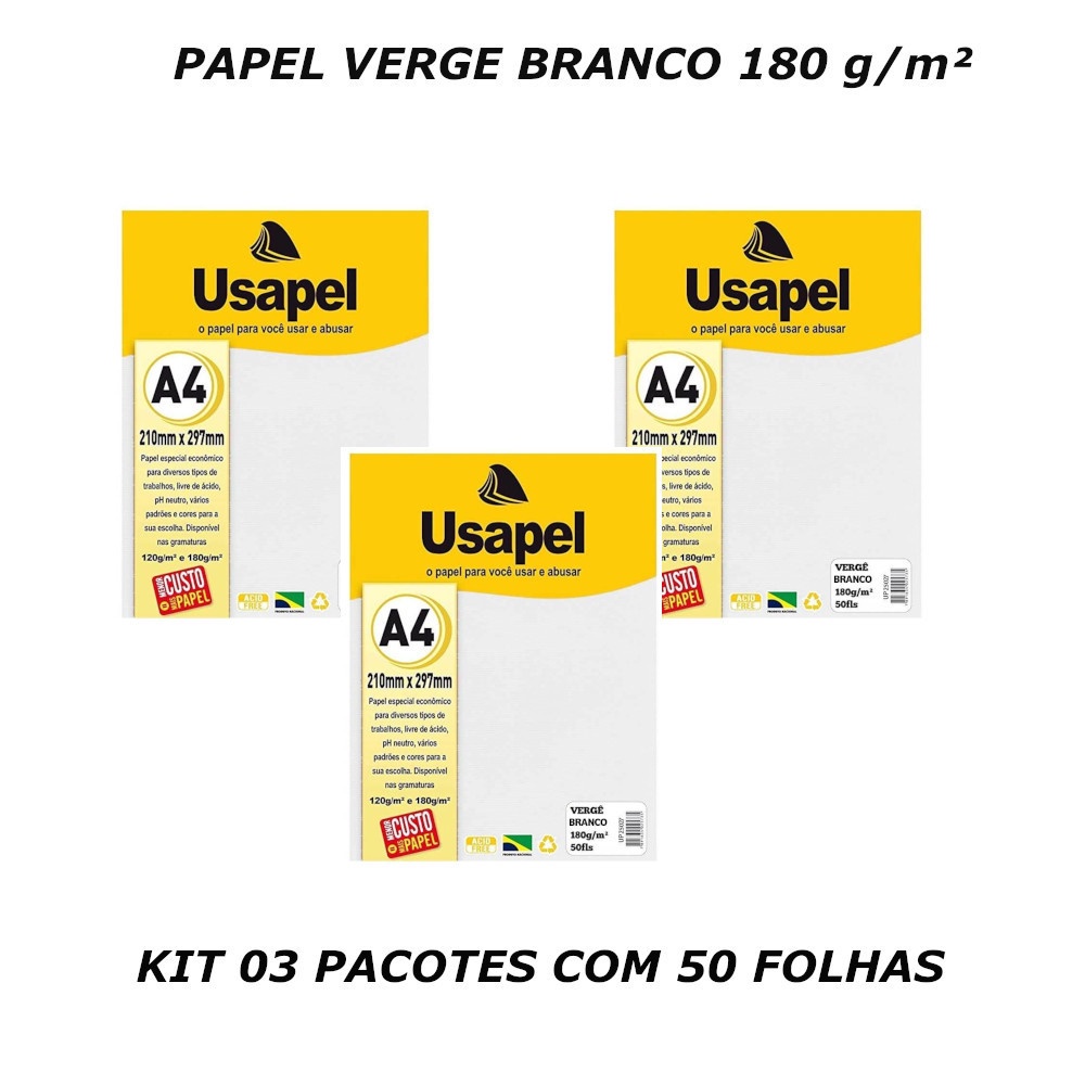 Papel Verge A4 Branco 180g 50 Folhas Usapel Kit 03 Pacotes Shopee Brasil 6658