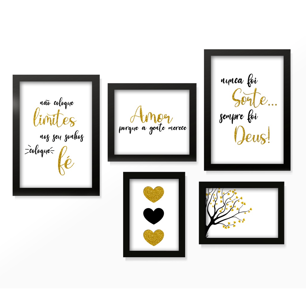 Kit 5 Quadros Decorativos Placas Sala Quarto Lar Cozinha Copa Frases Motivacionais Douradas