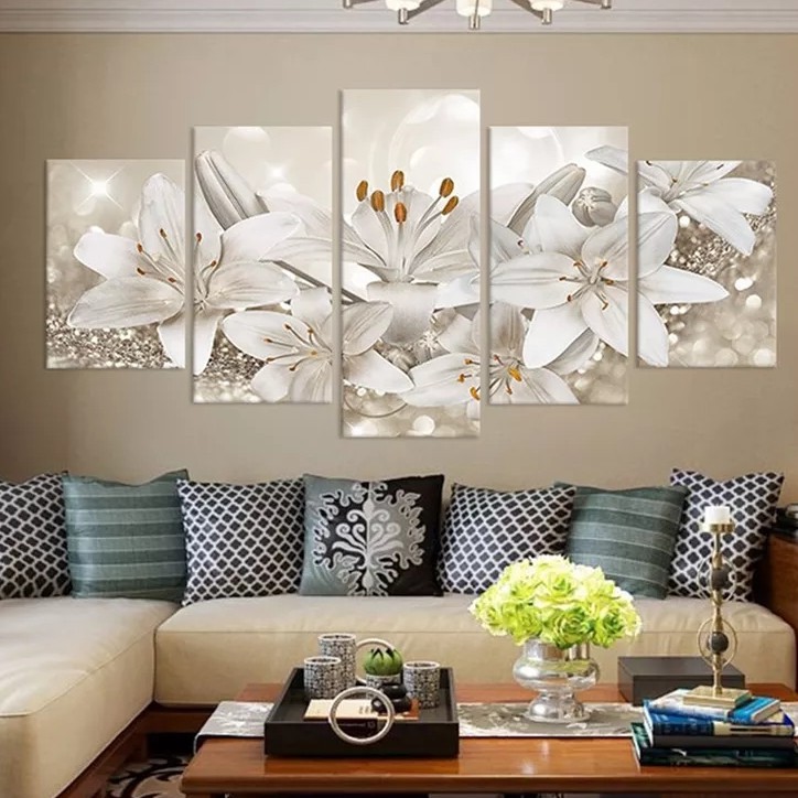 Imagem do produto Quadros Decorativo 5 peças Flores Lírio Decoração Casa Variedades Sala Quarto Lírio Prata