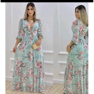 Vestidos longos estampados florais para mulheres verão moda manga