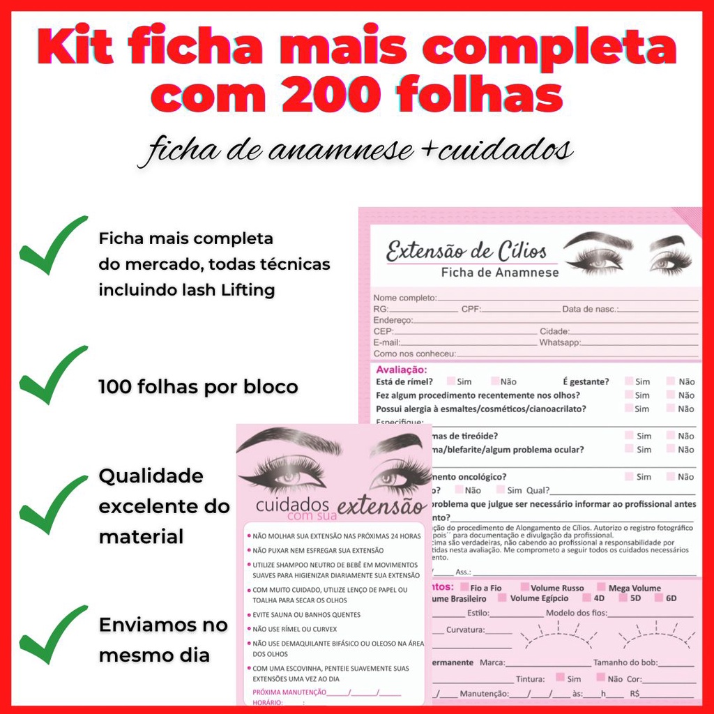 Kit Ficha Anamnese Extensão De Cílios Bloco Cuidados Cliente Blocos C100 Folhas Cada 3825