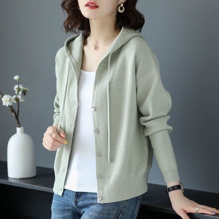 Cardigã Feminino De Malha Com Capuz Verde Primavera