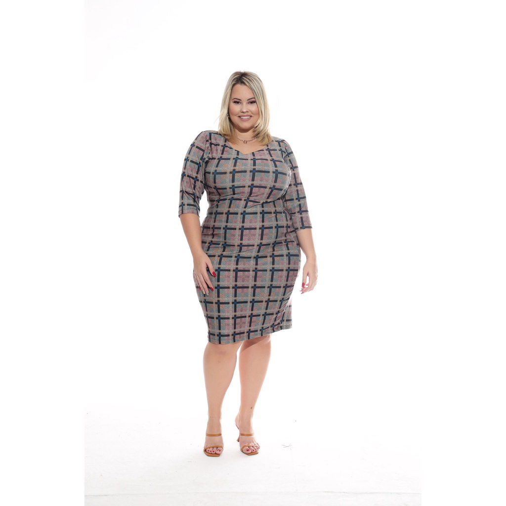 Roupa Feminina Plus Size Vestido estampado tubinho manga 3/4