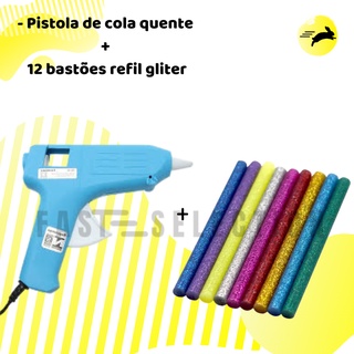 Combo!! Pistola De Cola Quente Pequena Bivolt + 12 Bastões Coloridos Com Glitter Com 6 Cores Variadas