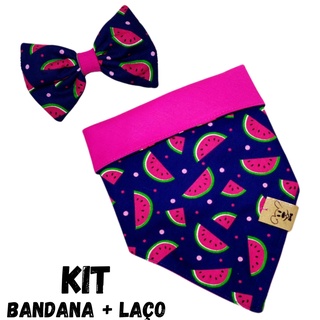Kit de bandana dupla face e laço com elástico regulável para Pet Estampa Melancia Escura