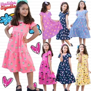 Vestido Infantil e Juvenil com Manga de Malha Algodão Diversas Cores e Modelos - Tamanho 02 ao 12