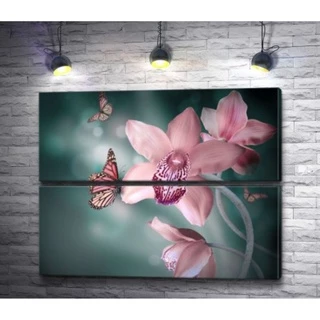 Quadros Decorativos ramo orquídeas rosa bebe linda borboletas Decoração De Quarto e Sala Kit 2pcs
