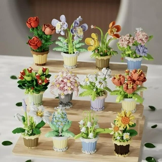 Modelo De Vaso De Flores De Blocos De Construção Forever Rose-Brinquedo De Montagem Floral Infantil Com Girassol , Prese