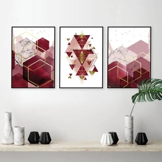 Quadro Decorativo Kit 03 Peças 40x60 - Geométrico Tons Marsala e Detalhes Dourado - Para Sala Quarto Escritório Placas Sem Moldura