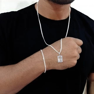 Corrente Cordão Masculina Banhado A prata 925 Fina 2,5mm GRUMET + Pulseira e Pingente Cruz