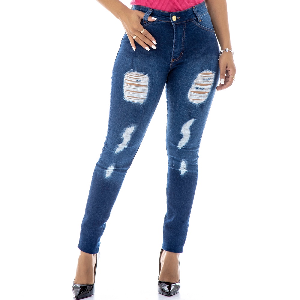 calça jeans feminina azul escura detalhe rasgada destroyed cós