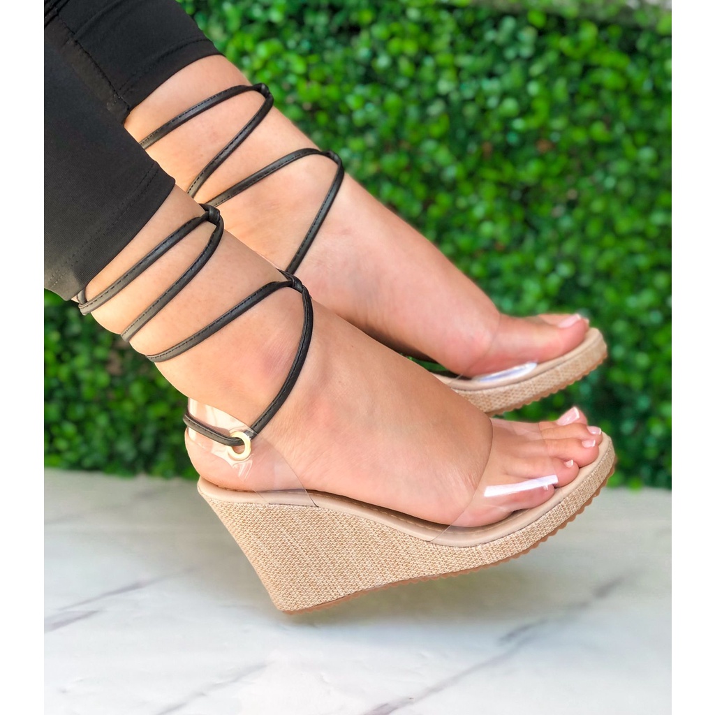 Anabela Salto Feminino Sapato Plataforma transparente cordão