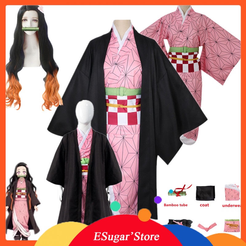 Roupas de desenho animado Anime Kamado Nezuko Cosplay Costume Demon Slayer  Cosplay Roupas uniformes Kimono Wig Set Set Halloween Traje para crianças