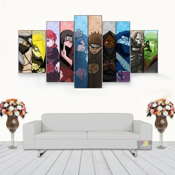 Quadro Naruto Akatsuki Nuvem Vermelha Mosaico 5 Peças 115x60cm