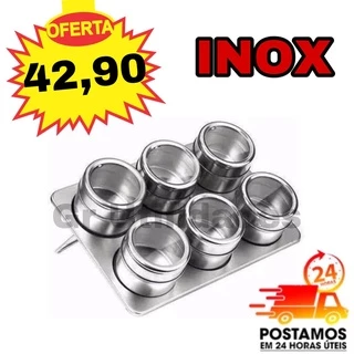 Porta Condimentos Temperos Inox Magnético Jogo Com 6 Potes