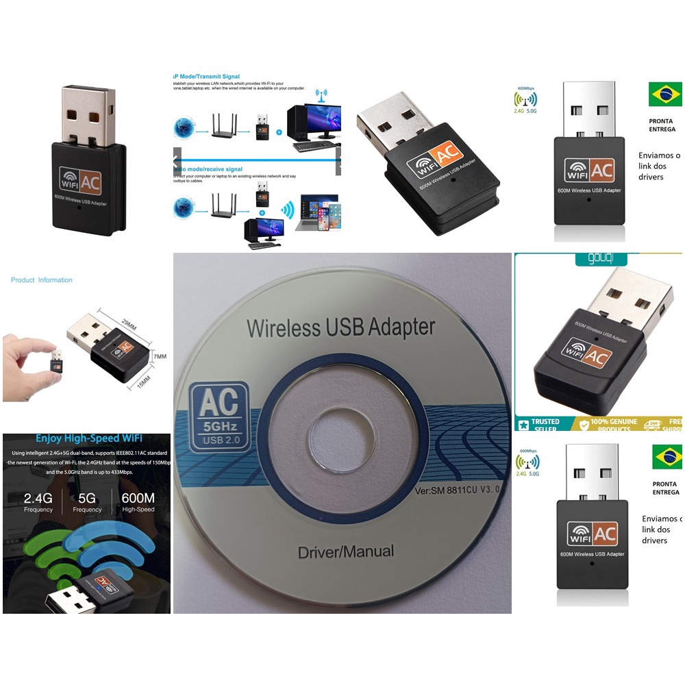 Adaptador Wi-Fi USB Dual Band 2.4GHz e 5GHz 600 e 1200 Mbps Wireless Ac 5G WiFi PC Notebook com cd drive